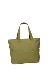 Groene canvas schoudertas met twee stevige handvatten, met een reliëf "Bench." logo aan de voorkant. Eenvoudig, rechthoekig ontwerp.