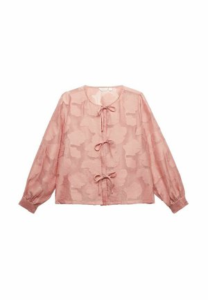 Lichtroze blouse met lange mouwen, tekstuur met bloemenpatroon, drie strikjes aan de voorkant en een ronde halslijn. Zachte stof met een comfortabele pasvorm.