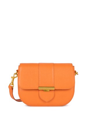 Orange leather crossbody bag with embossed texture, gold-tone hardware, and a magnetic flap closure. Adjustable shoulder strap included.