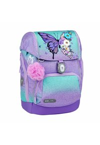 Lila und türkisfarbene Rucksack mit Schmetterlings- und Blumenmuster, weiche Textur, Fronttasche und flauschigem Pompon-Akzent. Verstellbare Träger.