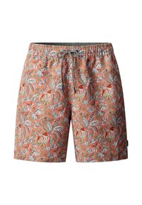 Shorts de bain orange avec une ceinture élastique, un cordon gris et un motif floral tropical multicolore.