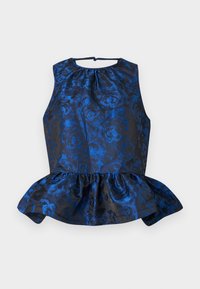 Μπλε φλοράλ τοπ ζακάρ με πτυχωτό πεπλουμ τελείωμα, αμάνικο σχέδιο, στρογγυλή λαιμόκοψη και κλείσιμο με κουμπί στην πλάτη.