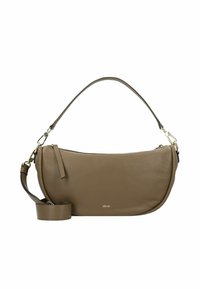 Borsa a spalla in pelle marrone con una forma curva, zip superiore e tracolla removibile. Dettagli in metallo dorato e logo discreto.