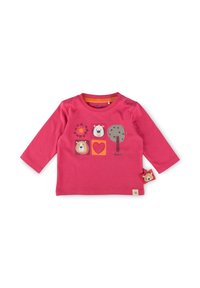 Rosa Langarmshirt aus Baumwolle mit Tier- und Blumenmustern, rundem Halsausschnitt, Knopfdetails an der Schulter und einem Etikett.