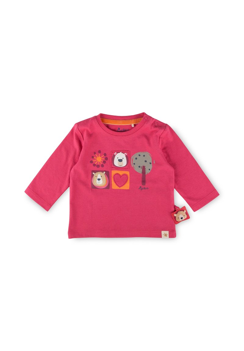 Rosa Langarmshirt aus Baumwolle mit Tier- und Blumenmustern, rundem Halsausschnitt, Knopfdetails an der Schulter und einem Etikett.