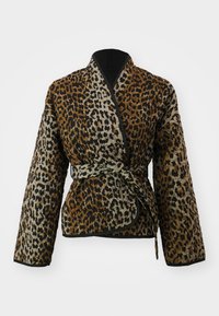 Gewatteerd jack met luipaardprint, brede mouwen, een wikkelontwerp en een bijpassende ceintuur, in tinten bruin, beige en zwart.
