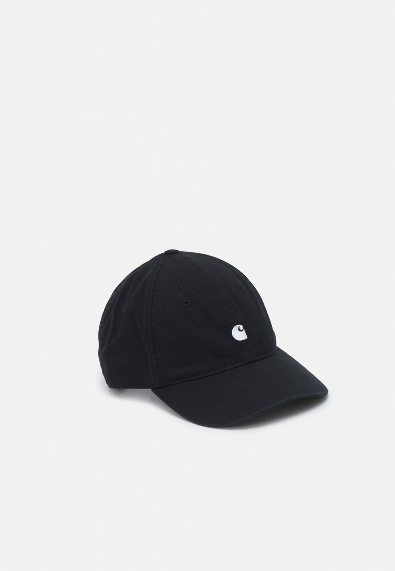 Black cotton baseball cap with a curved brim, featuring a small white logo on the front and traditional stitching details.
