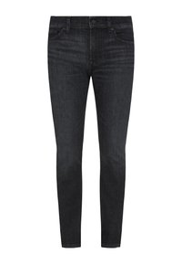 Jean skinny noir en denim, présentant un design classique à cinq poches, un léger délavage et une fermeture à bouton à la taille.