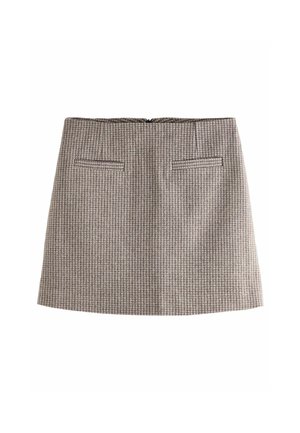 Brown checkered skirt with a fitted shape, waistband, two front pockets, and a back zipper closure. Made from textured fabric.