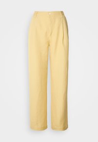 Yellow linen wide-leg trousers with a high waist, a front button, and subtle pleats for shape. Smooth texture and full-length design.