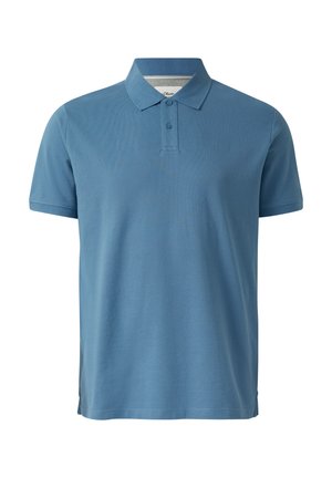 Męska gładka niebieska koszulka polo z krótkim rękawem, z dwuklapkowym zapięciem na guziki i kołnierzem, wykonana z miękkiej, teksturowanej tkaniny.