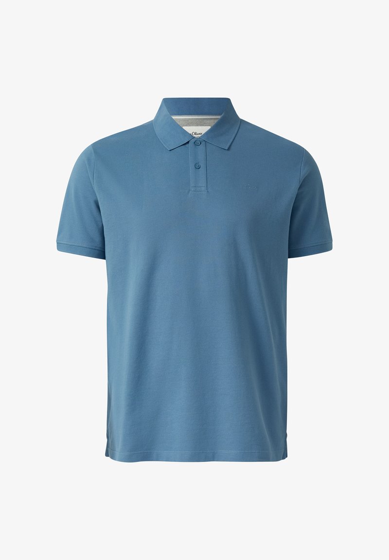Polo bleu uni pour homme à manches courtes avec patte à deux boutons et col, confectionné dans un tissu texturé doux.