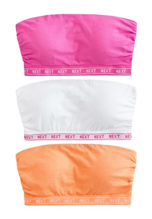 Trois hauts bandeau sans bretelles en rose, blanc et orange, chacun avec une bande élastique en bas étiquetée "NEXT" dans des couleurs assorties.
