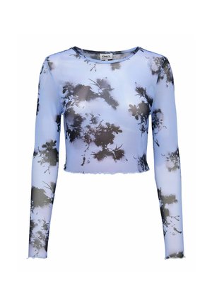 Haut court à manches longues bleu clair avec encolure ronde et motif floral abstrait noir sur tout le tissu.