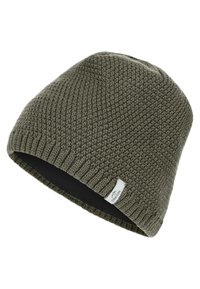 Knitted beanie in olive green, featuring textured exterior and black lining. Includes a small white label with logo.
