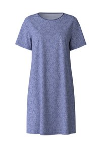 Abito a maniche corte di colore azzurro chiaro con motivo paisley, scollatura rotonda, lunghezza sopra il ginocchio e un tessuto morbido e testurizzato.