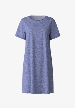 Korte mouw jurk in lichtblauw met een paisleypatroon, ronde halslijn, boven de knie lengte en een zachte, gestructureerde stof.