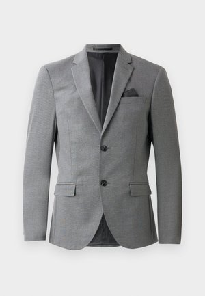 Gray blazer featuring a textured fabric, single-breasted design, two front pockets, and a sleek notched collar. Includes a pocket square.