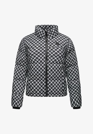 Puhvisfääri musta-valge ruuduline muster, millel on kõrge kaelus, lukuga sulgemine ja soonikkoes varrukad mugavaks istuvuseks.