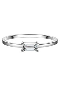 Fehérarany gyűrű, melynek középpontjában egy téglalap alakú, smaragd csiszolású gyémánt áll, sima karika és minimalista négykaros foglalat.