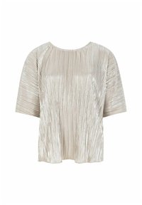 Korte mouwen top in metallic zilver met verticale plooien, ronde halslijn en een relaxte pasvorm, met een gladde textuur en subtiele glans.
