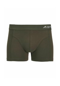 Dunkelgrüne Boxershorts mit einem weichen Bund und weißem Logo-Text. Der Stoff ist glatt, hat eine nahtlose Verarbeitung und eine figurbetonte Passform.