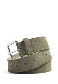 Oliivroheline sametvöö, millel on hõbedane metallist pandla, mitmed reguleeritavad augud ja sile tekstuur.