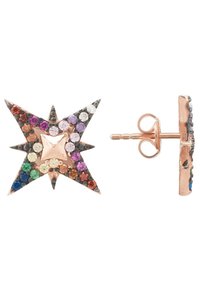 Orecchini a forma di stella in oro rosa con cristalli multicolori, caratterizzati da un design a strati e un chiodo per una vestibilità sicura.