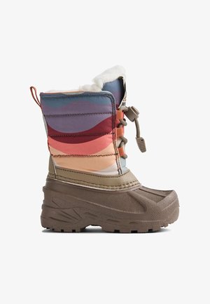 Colorful waterproof winter boot with a patterned upper featuring red, blue, and beige waves, faux fur lining, and a rugged brown sole.