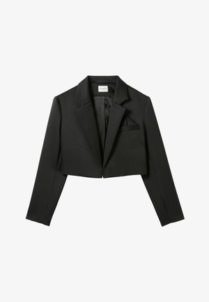 Giacca nera accorciata in tessuto liscio. Presenta un colletto a contrasto, una tasca sul petto e maniche strutturate. Nessun dettaglio di chiusura visibile.