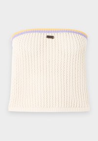 Haut sans bretelles en tricot crème avec une texture côtelée. Accentué de bordures jaunes, violettes et bleues. Comprend un petit logo métallique de la marque.