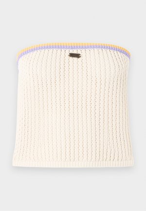 Krämfärgad virkad bandeau-topp med ribbad struktur. Utsmyckad med gul, lila och blå kant. Inkluderar en liten metallisk logotyp.