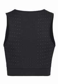 Top corto negro sin mangas con patrón perforado, mostrando el diseño de la parte posterior y tejido suave. Ideal para ropa deportiva o estilismo casual.