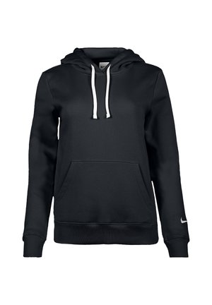 Sweat à capuche noir à manches longues avec cordons blancs, poche kangourou, poignets côtelés et petit logo blanc sur la manche gauche.