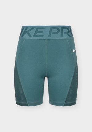 Shorts de compression Nike Pro mi-cuisse couleur sarcelle avec des panneaux latéraux perforés et une large ceinture portant la marque "NIKE PRO".