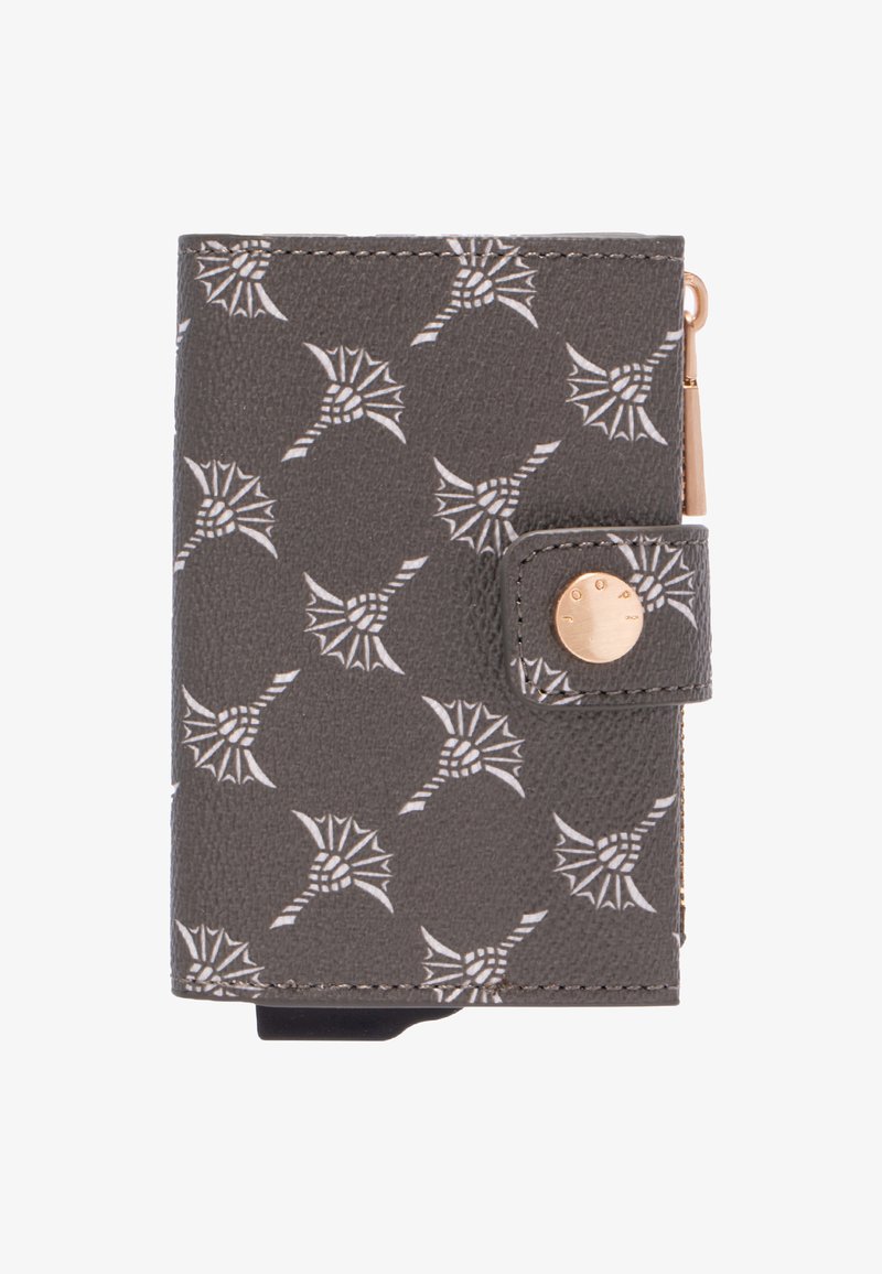 Grijze textuur portemonnee met een wit bloemenpatroon. Voorzien van een drukknoopsluiting en goudkleurige accenten voor extra detail. Compact ontwerp.