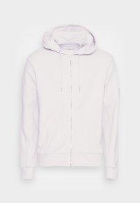 Světle fialová mikina na zip s texturovanou tkaninou, kapucí se šňůrkou a manžetami se žebrováním. Disponuje elegantním, minimalistickým designem bez vzorů.
