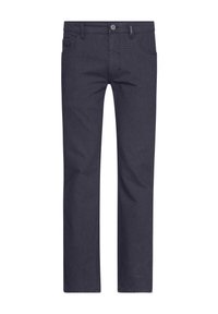 Dunkelblaue Jeans aus Denim mit geradem Bein, ausgestattet mit vorderen Taschen, einer kleinen Münztasche und einem Metallknopfverschluss.