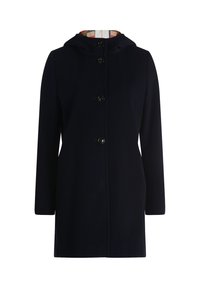 Marineblauwe gewatteerde jas met vier knopen aan de voorkant en een geruite voering zichtbaar binnenin de capuchon, lange mouwen, middellange stijl.