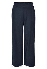 Tmavě námořnické široké kalhoty s širokým elastickým páskem, vyrobené z texturované látky, s jednoduchým designem a bez viditelných zapínání.