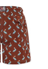 Costume da bagno marrone con un motivo di pellicani blu e arancioni ripetuto. Caratterizzato da una vita elastica e una tasca laterale.