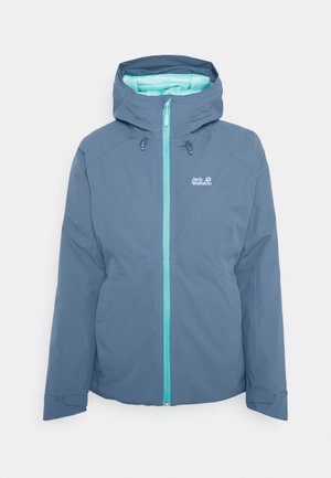 Wodoodporna niebieska kurtka z kapturem, z kontrastowym, morskim zamkiem błyskawicznym i podszewką, regulowanymi sznurkami oraz elastycznymi ściągaczami przy mankietach.