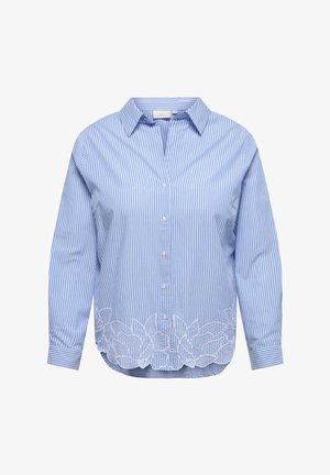 Šviesiai mėlynas ir baltas vertikalias juostas turintis ilgomis rankovėmis marškiniai, su apykakle, sagomis priekyje ir balta gėlėta siuvinėjimo juosta apatinėje dalyje.