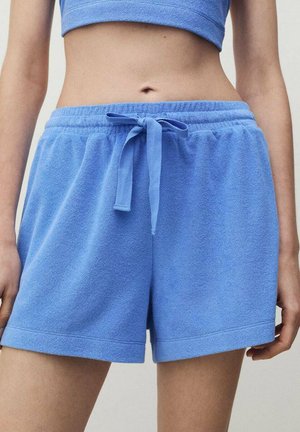 Helles blaues Frottier-Shorts mit einem elastischen Taillenbund, verstellbarem Kordelzug und lockerem Schnitt, mit einer glatten Textur und minimalen Details.