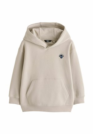 Light beige hoodie with front pocket and small dark skull wearing headphones logo on the left chest.