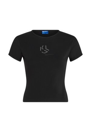 Črna kratkosleeve majica iz bombaža s prilegajočim dizajnom, ki na prsih vsebuje logotip okrašen z rhinestones.
