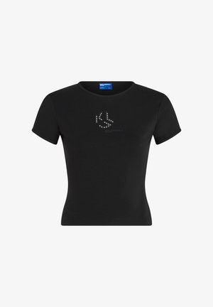Čierne krátkoprsté tričko z bavlny s priliehavým strihom, so zdobeným logom z kryštálov na hrudi.