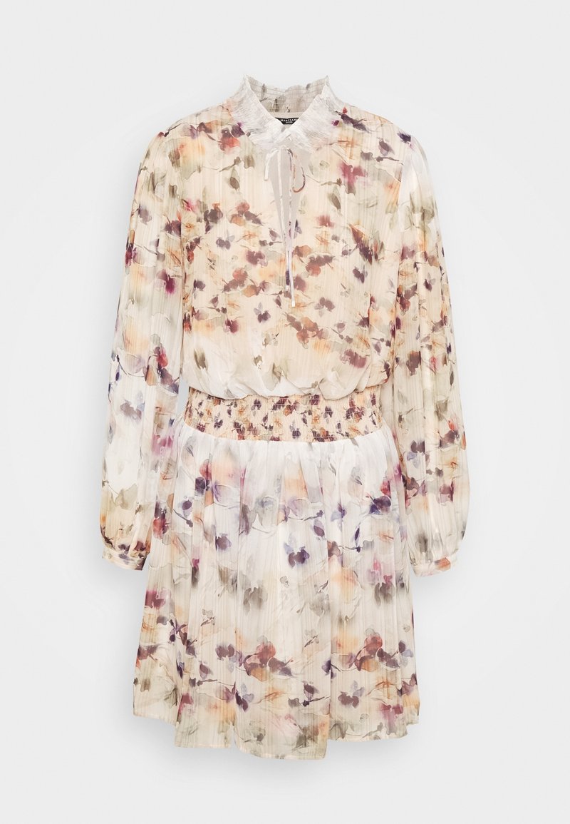 Robe légère à manches longues avec fleurs, plis, col montant avec lien, taille élastique et motif abstrait de fleurs violettes, roses et beiges.