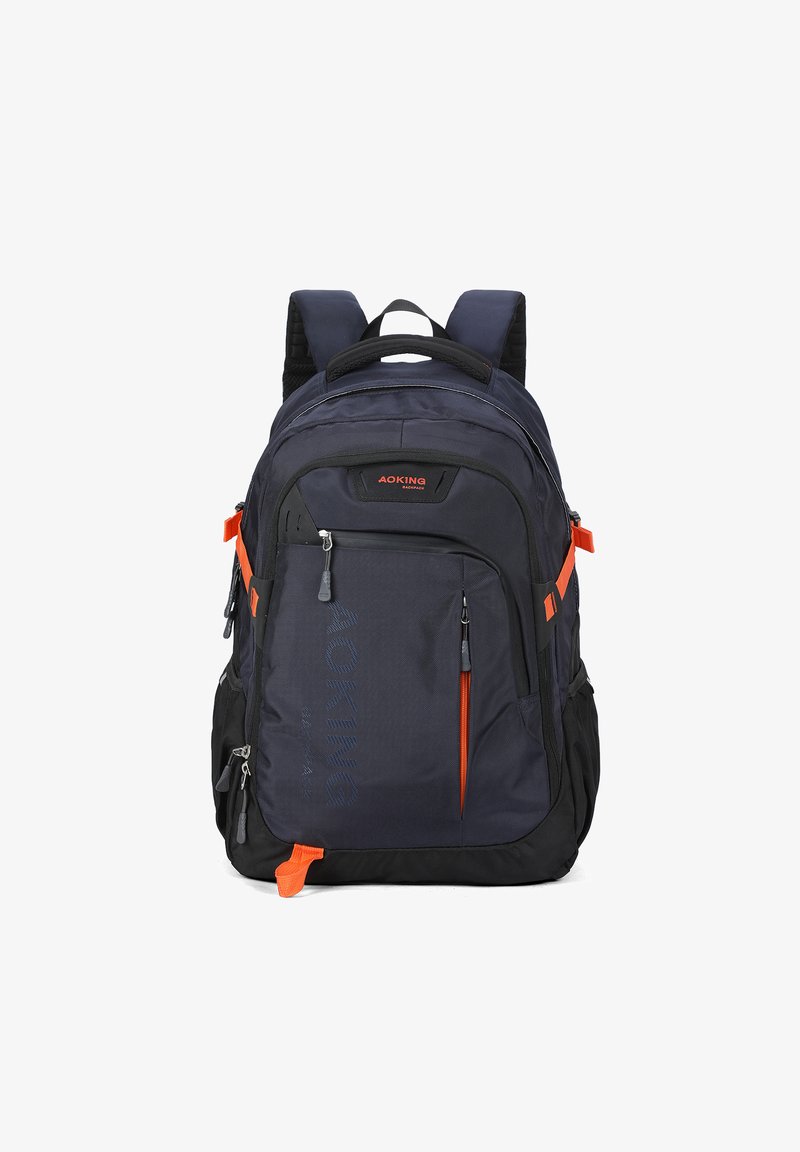 Rugzak gemaakt van duurzaam marineblauwe stof met zwarte accenten en oranje ritsen. Voorzien van gewatteerde schouderbanden, meerdere vakken en een gestroomlijnd ontwerp.