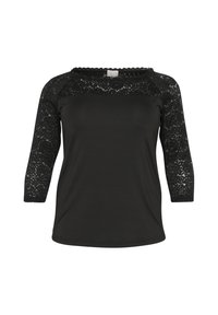 Must mustriga, millel on 3/4 pika lace varrukad ja sile keha. Lahtine on lillemustriga ning kaeluse ääres on lainelised servad.